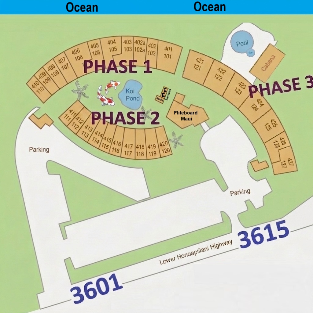 Paki Maui property map showing unit locations, phases, pool, and parking